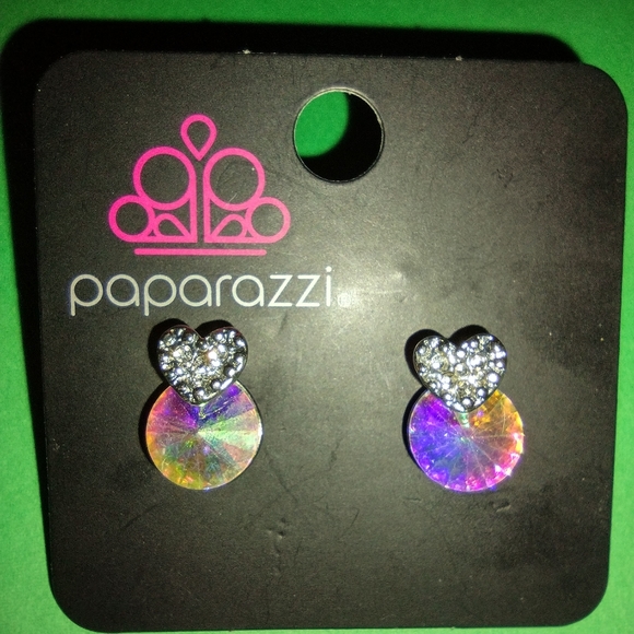 Iridescent Shimmer Rhinestone Earrings with Silver Heart from Paparazzi - Picture 4 of 8